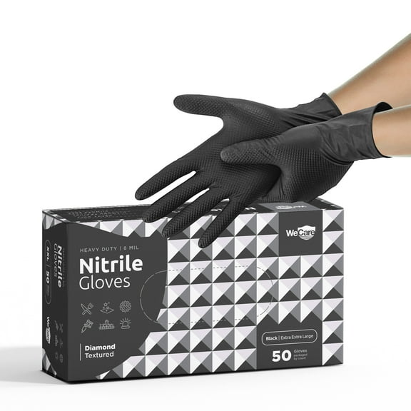 WeCare Nitrile Gloves 8 Mil - Heavy Duty Gloves with Diamond Texture Grip - Powder and Latex Free Disposable Gloves - XXL - 50 Count - Black