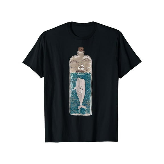 Men Cotton Tee Black Whale Bottle Ship Waves Graphic T-Shirt Top Pure Cotton Casual Short Sleeve Round Neck S-5XL