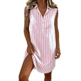 thumbnail image 6 of Ohufall Knee-Length Dress for Women Cotton Linen Turndown Collar Dress Stripe Breathable Summer Vacation Dress, 6 of 6