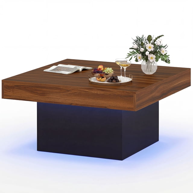 Gymax LED Coffee Table w/Adjustable Light Colors Speed & Brightness Remote Control Coffee & Black