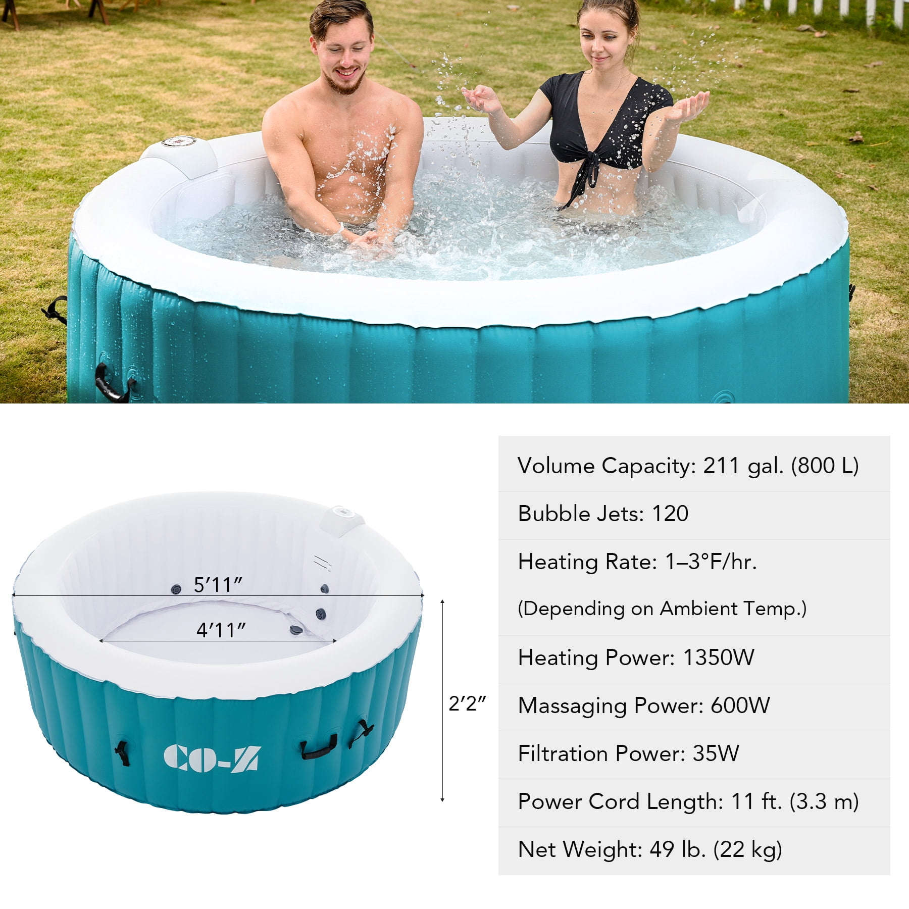 CO-Z 4-6 Person PVC Round Inflatable Hot Tub Portable Home SPA w 140 Air Jets, 2 Filters, Lockable Cover, Max 104℉, 82in, Blue