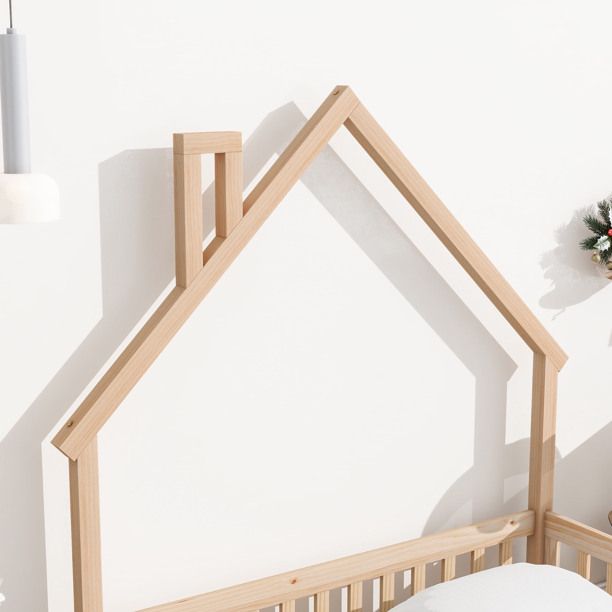 PORKISS Full Size House Platform Bed for Kids with House-Shaped Headboard, Low Floor Bed with Guardrails Fence, Natural