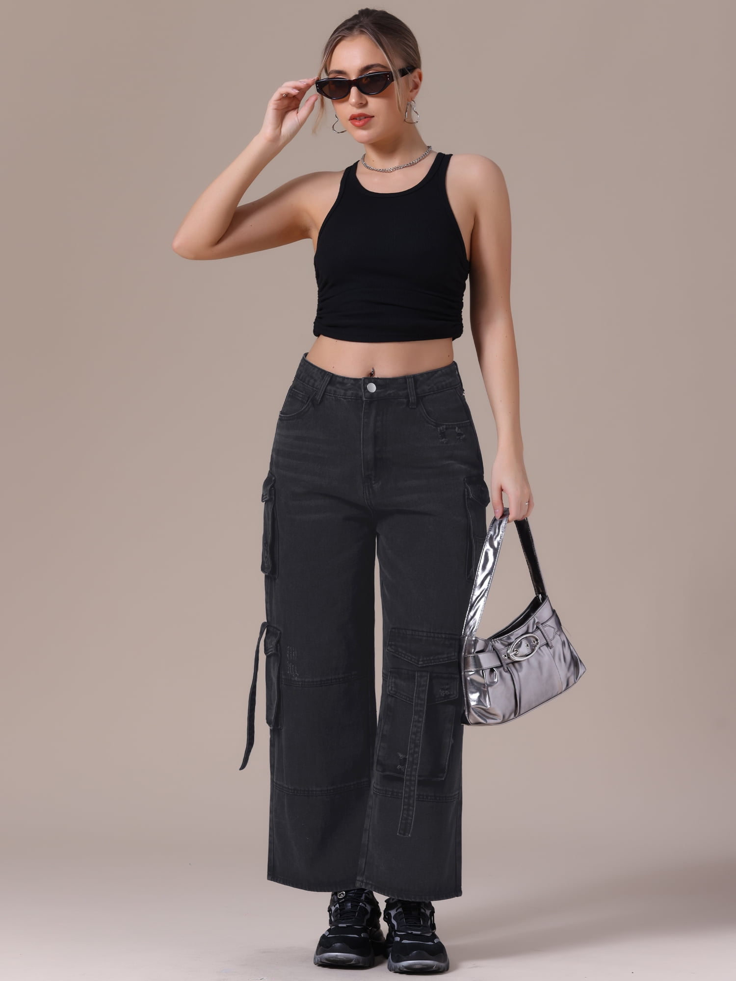 DARING DIVA Women's Cargo Jeans Straight High Waist Baggy Denim Pants XL Black