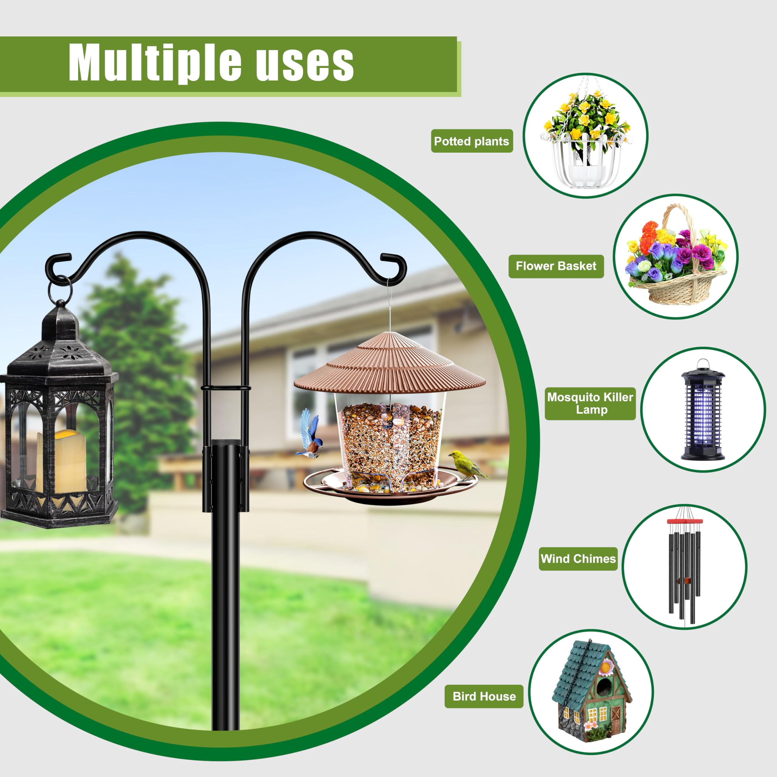 Double Shepherds Hooks For Outdoor  2-pack Heavy Duty Garden Pole Hanging Bird Feeder Plant Baskets Solar Light Lanterns Hanger Stands With 5 Base Prongs