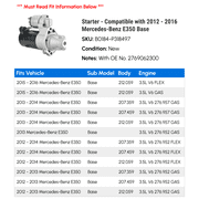 Starter - Compatible with 2012 - 2016 Mercedes-Benz E350 Base 2013 2014 2015