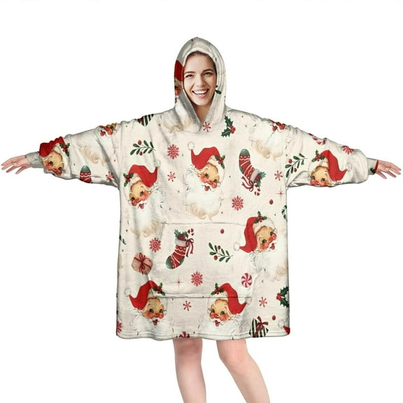 Wearable Oversized Blanket,Beige Christmas Santa Pattern Wearable Blanket Hoodie for Adults,Cozy Hooded Blankets with Super Pockets,Super Warm Fuzzy Pullover for Women & Men