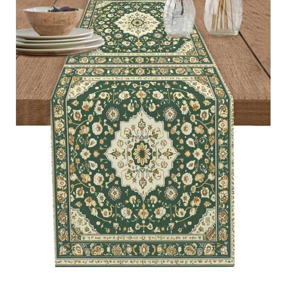 Green Southwestern Burlap Cotton Table Runner 13x36 Inches Short, Antique Boho Farmhouse Ethnic Farmhouse Table Runners, Outdoor Dining Tablecloths Decor for Baby Shower/Party/Wedding