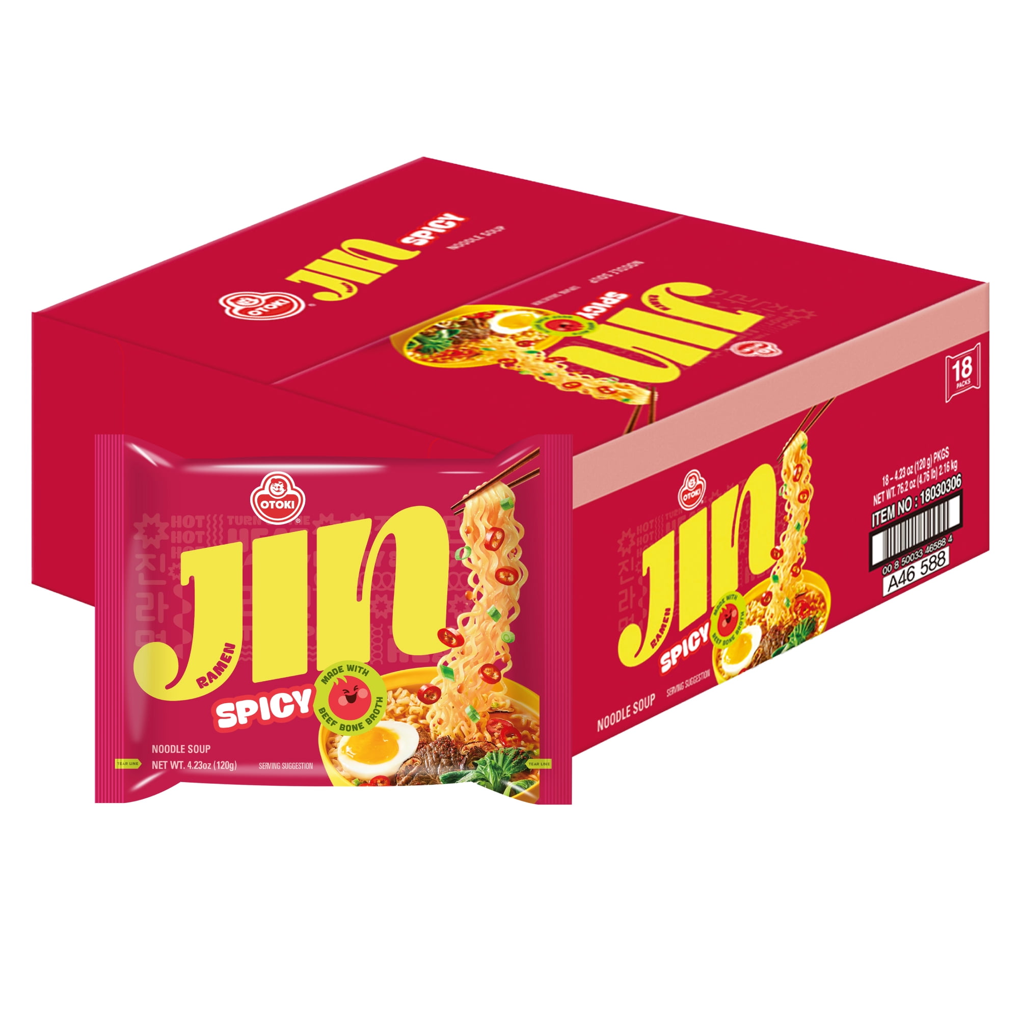 OTOKI Jin Ramen Mild Spicy Flavor Broth Noodle Soup Pack, 4.23oz x