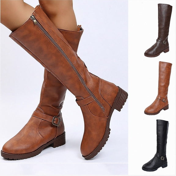 WAVSUF Women's Mid Calf Boots Side Zip Wide Width Round Toe Winter Daily Trendy Boots Brown 6