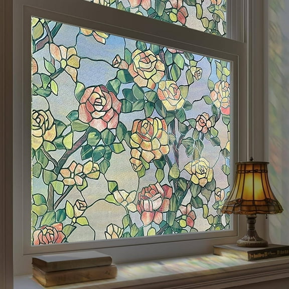 Stained Glass Window Film, Decorative Window Privacy Film for Bathroom,Front Door,Home, Sun Blocking Heat Control,Static Cling, The Beast's Rose, 23.6inch x 35.4inch