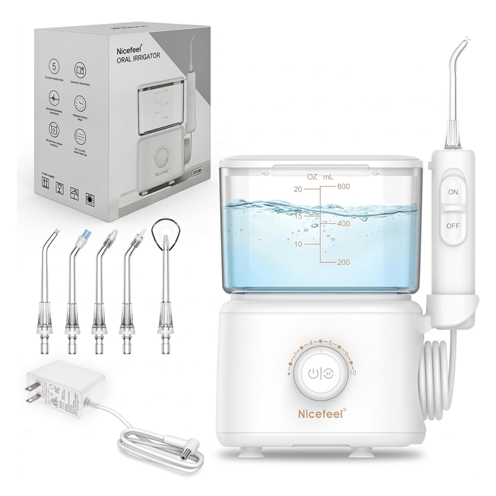 2 Modes Countertop Water Flosser with 40 Pressure Settings, 600ml Detachable Tank, 5 Nozzles for Braces and Sensitive Gums, White
