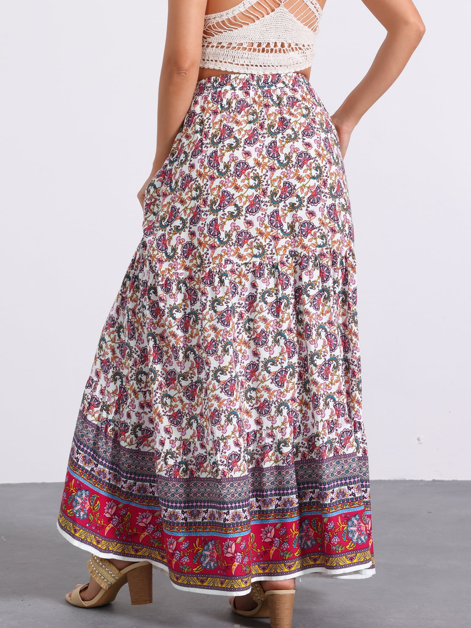 DARING DIVA Women's Boho Flare Floral Skirt XL White Purple