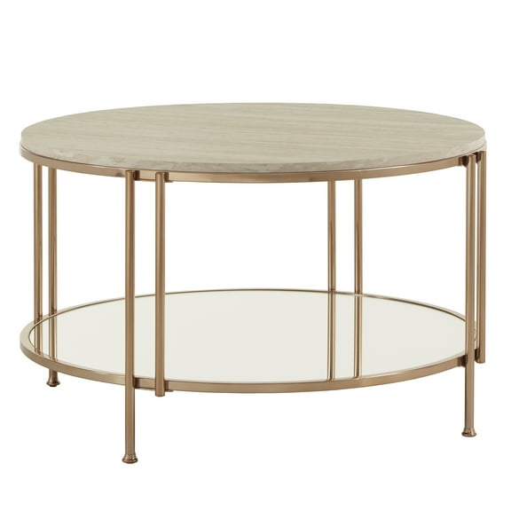 Weston Home Shaelyn Round Gold Coffee Table with Faux Marble Top and Mirror Shelf