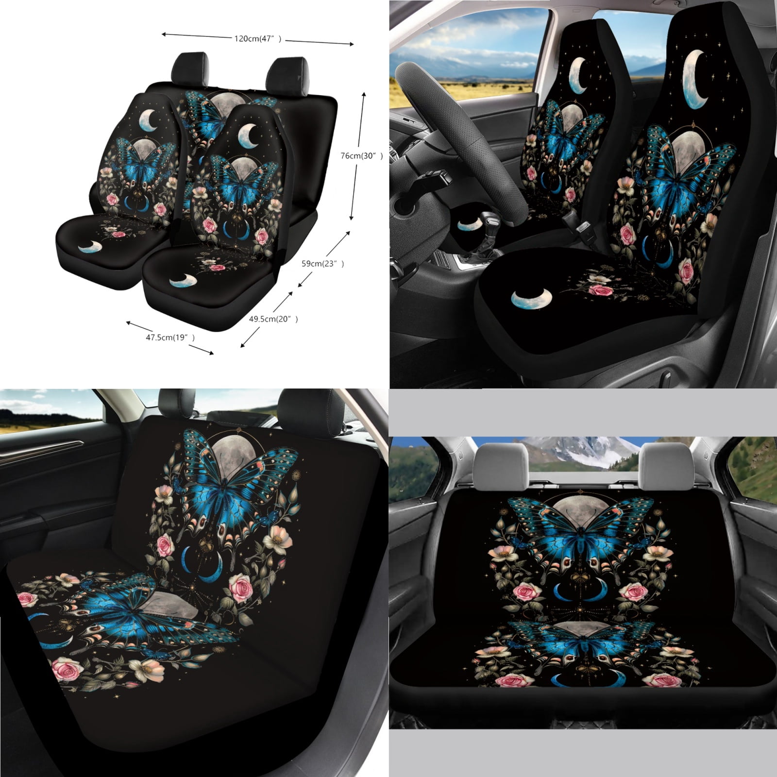 Jeiento Butterfly Car Seat Covers Full Set with Steering Wheel Cover Safe Belt Pads Moon Handbrake Cover Set Coasters Garbage Bin Rear View Mirror Cover Center Console Cover, 14 PCS