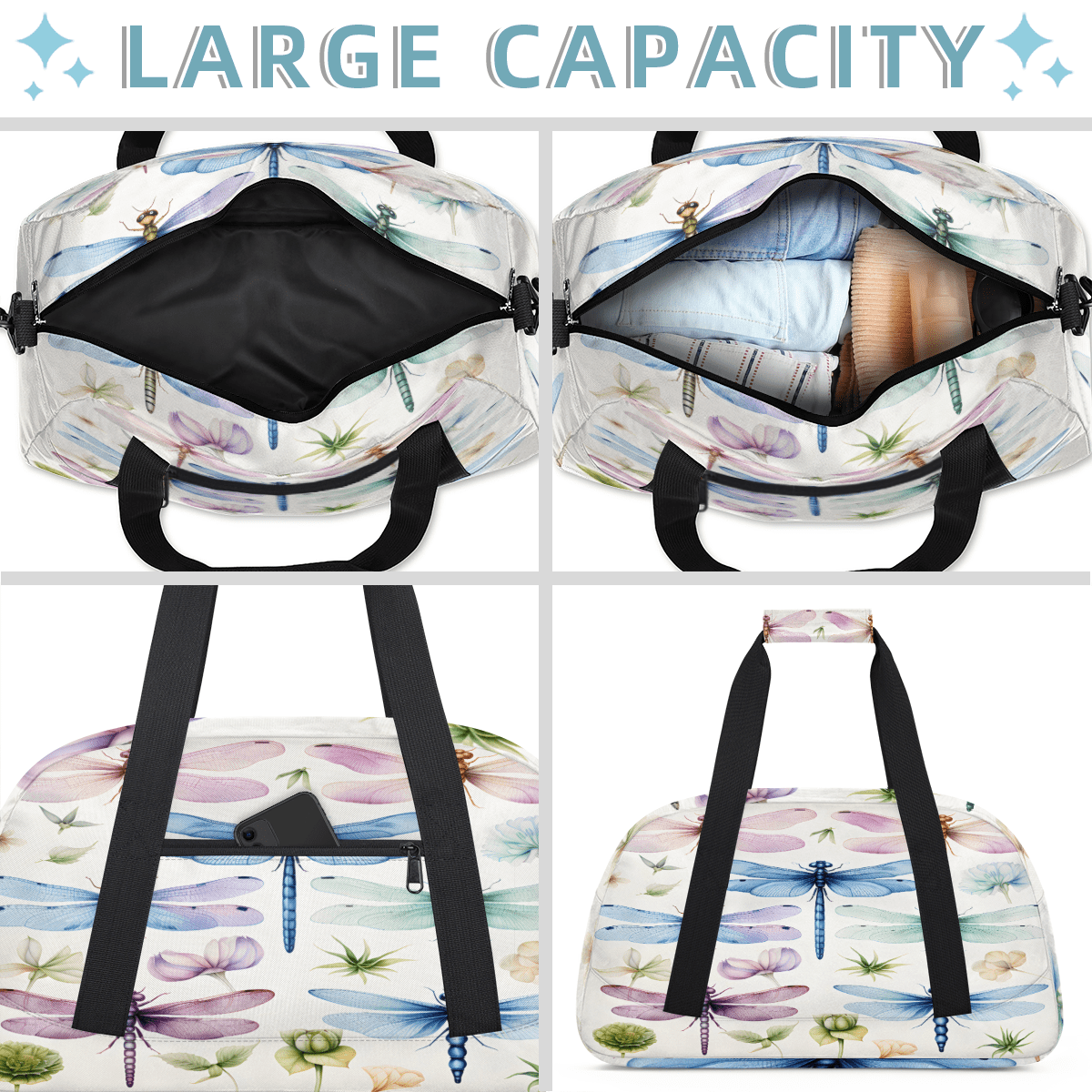 Herdesigns Dragonfly Sports Duffle Bag for Women & Men, Colorful Gym Bag Dance Bag Overnight Bag Carry On Weekender Travel Bag
