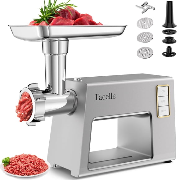 Facelle Hachoir à Viande Électrique pour la Maison, Machine Hacheuse avec Lames en Acier Inoxydable et 3 Plaques de Broyage, Trousse pour Garnir les Saucisses et les Kubbe, Hachoir Alimentaire