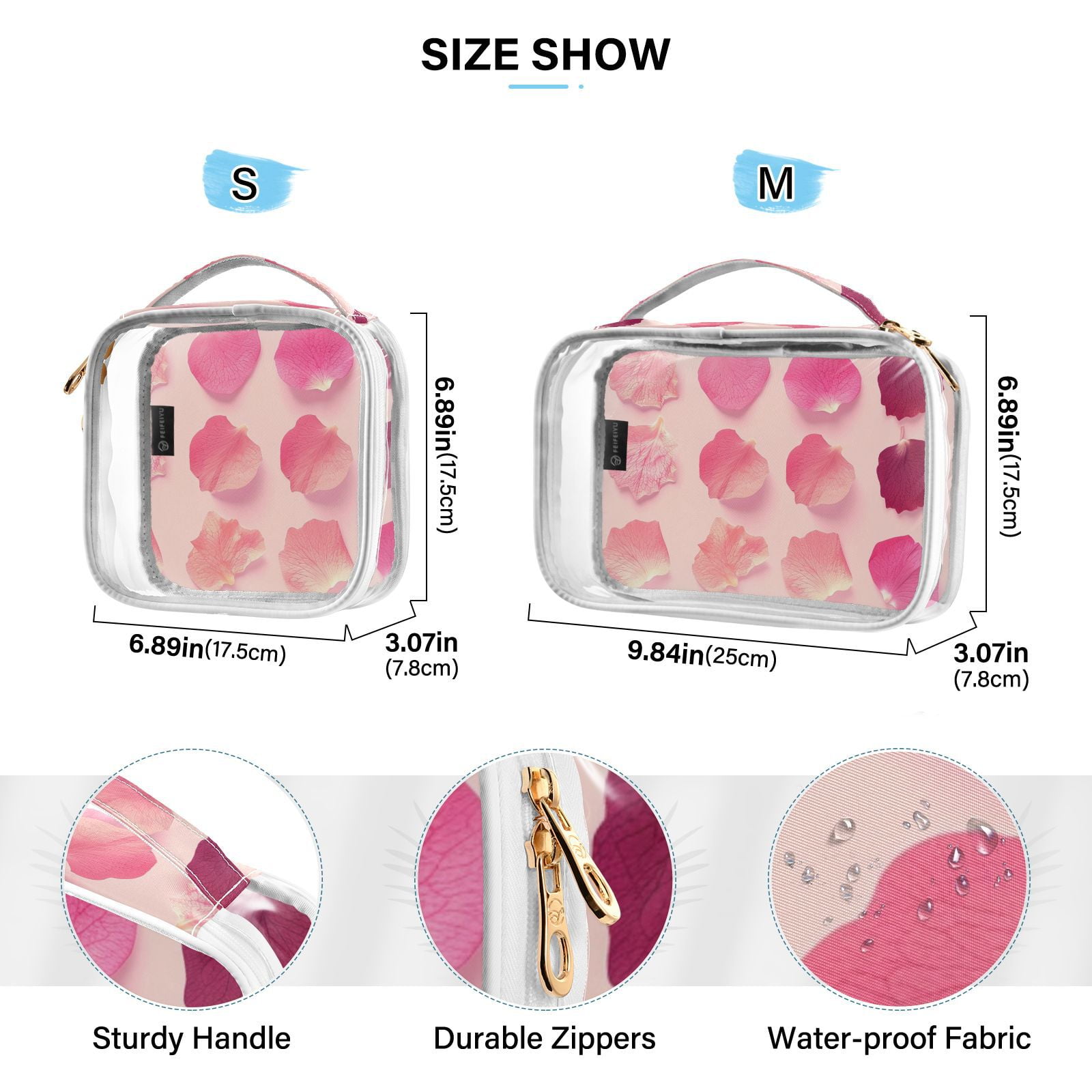 Clear Makeup Bags with Handle Large Opening 2 Pack Set Toiletry Bag Quart Size Bag, for Women Man Traveling Travel Essentials, Toiletries and Other. Flowers Pink Bloom Pattern