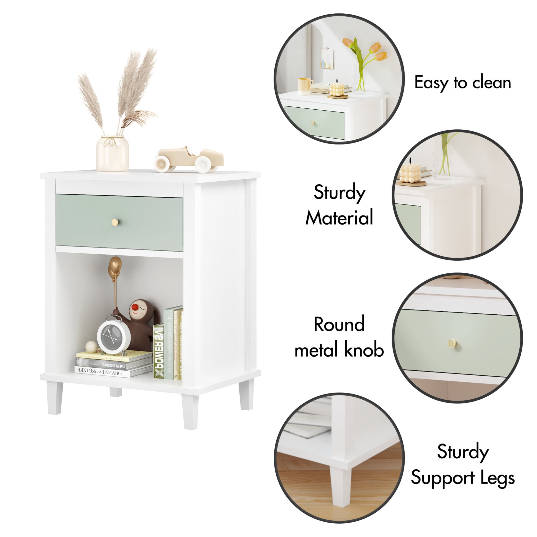 Reina Noble House 26.8" Wooden Nightstand with Drawer & Shelf for Kids' Room, Gold Handle, White & Sage Green