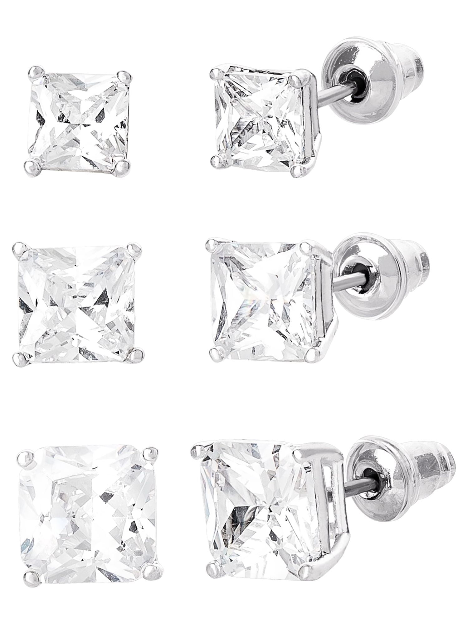 Brilliance-Fine Women's Silver Plated Cubic Zirconia Square 3-Piece Earring Set
