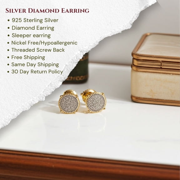 King of Bling's 925 Sterling Silver 0.10ct Real Diamond For Women's/ Men's Yellow Round Earrings