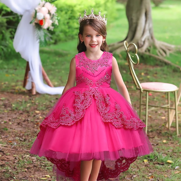 Girls Round Neck Sleeveless Princess Dress, Flower Girl Wedding Gown with Beaded Tulle Puffy Skirt, Junior Bridesmaid Party Dress for Birthday and Pageant, Age 3-14Y Hot Pink 120