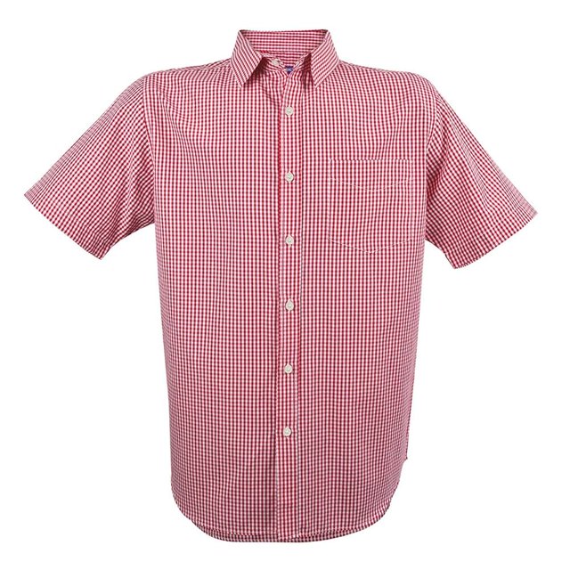 Camisa Simply Basic Talla M Casual Manga Corta de Cuadros Blanco con Rojo, camisa para caballero con patrón de cuadros pequeños en rojo y blanco, manga corta, cuello clásico, botones frontales y bolsillo en el pecho, diseñada para uso casual y clima cálido, también adecuada para combinar con pantalones y chamarras en el guardarropa masculino.