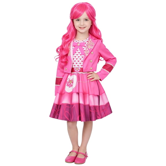 Halloween Pink Costume Princess Cosplay With Pink Wig, Princess Outfit Heart Print Jacket Shirt Skirt Full Set Halloween Cosplay Costume