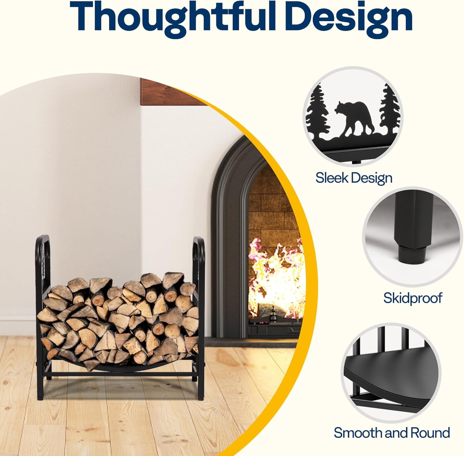 SPECSTAR 16.5 in Decorative Firewood Storage Log Rack with Bear Pattern, Solid Wrought Iron Fireplace Wood Holder Stacker, Indoor Outdoor Waterproof Rustproof