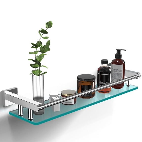 Glass Shelves for Bathroom, 20IN Rectangular Chrome Stainless Steel Tempered Glass Shelf Wall Mount Shelf Sink Over Toilet Modern Bathroom (Chrome Polished, 20‘’)