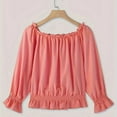 thumbnail image 3 of Elegant Off Shoulder Tops for Women Long Sleeve Ruffle Smocked Waist Casual Party Shirts Plus Size Blouses Pink 4XL, 3 of 6