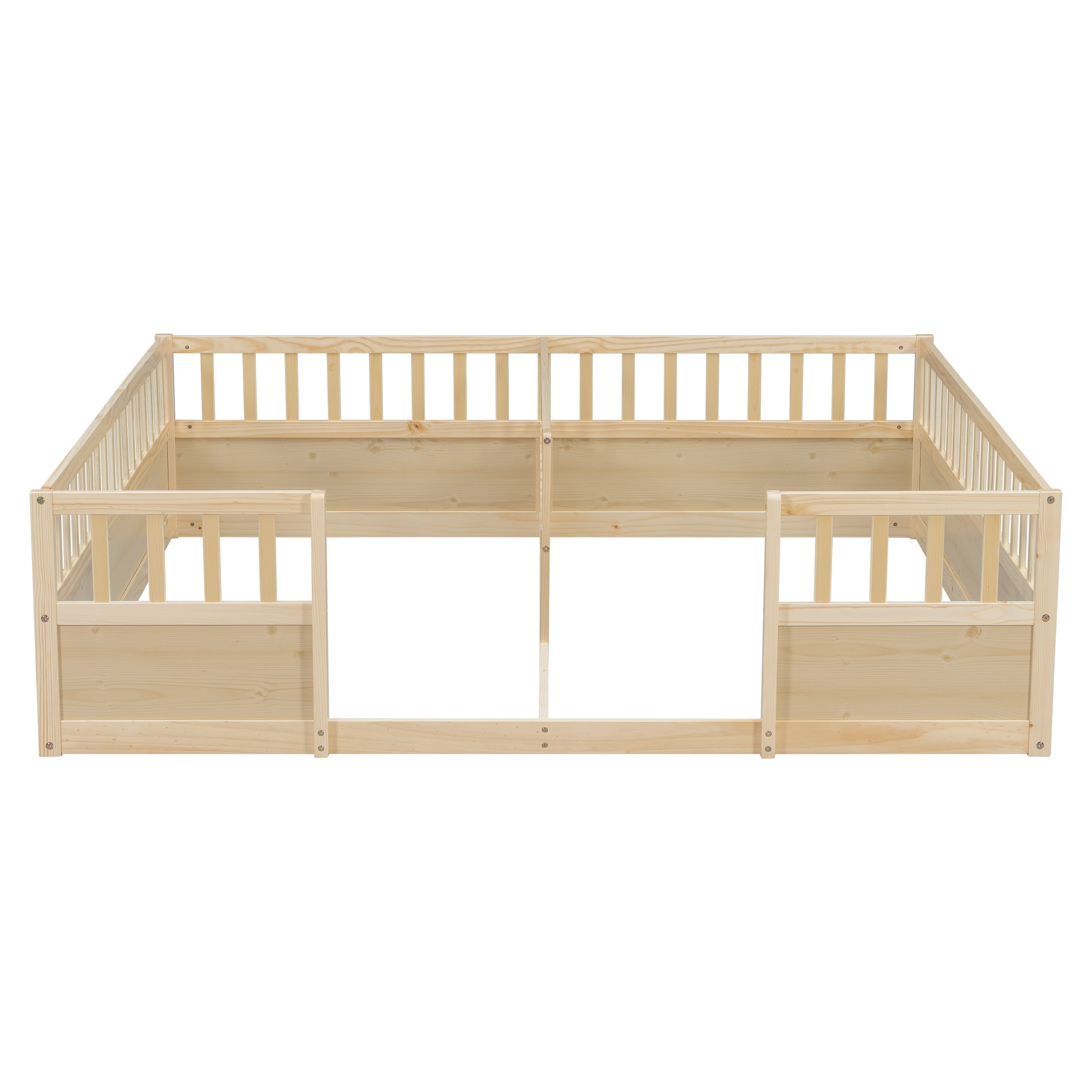 Double Twin Floor Bed 81.2 Inch, Pine Wood Bed Frame with Semi Enclosed Guardrails for Two Kids, Natural