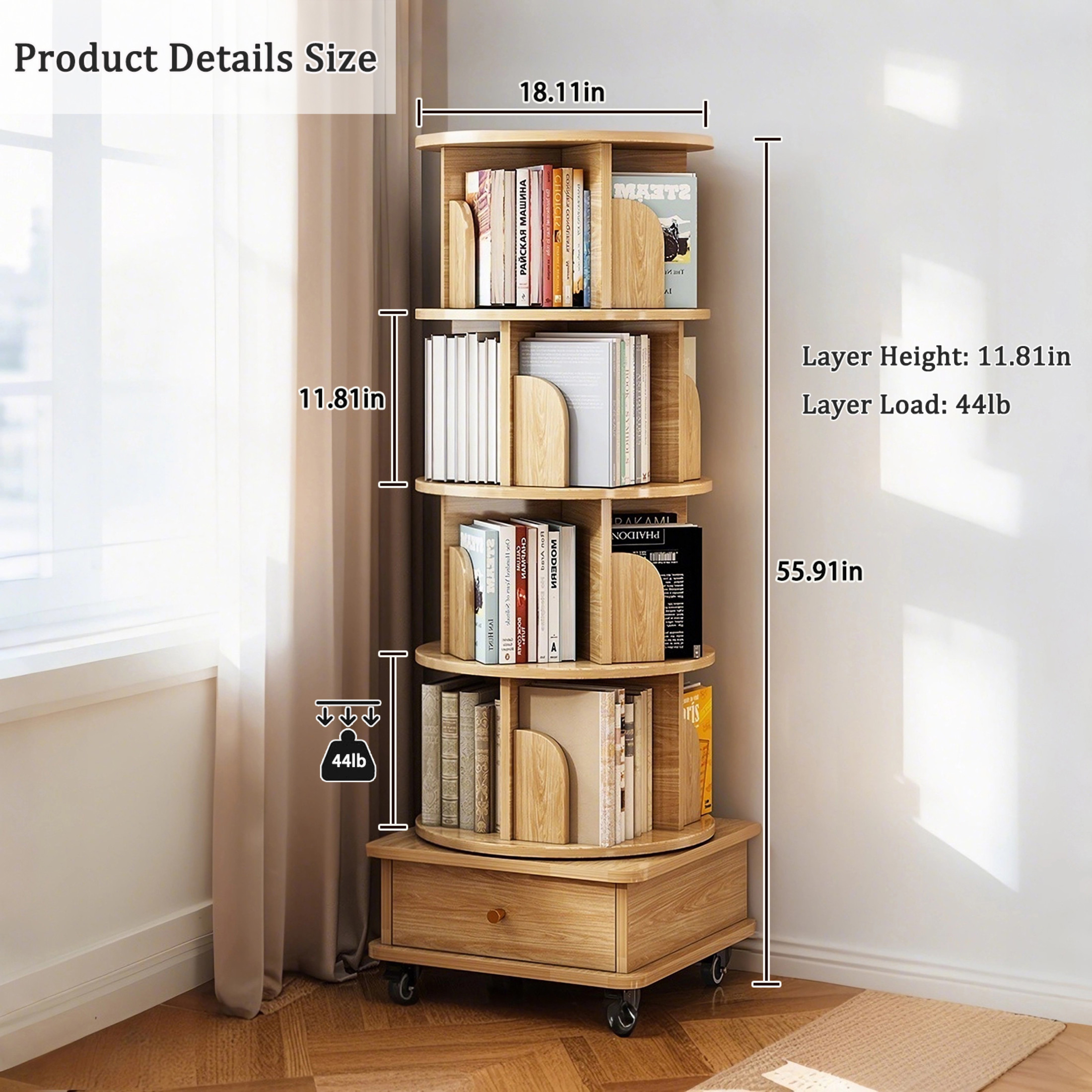 Noble House Ronald 5-Tier 360° Rotating Display Bookshelf, Round Tower with Wheels & Drawer, Space-Saving, Natural