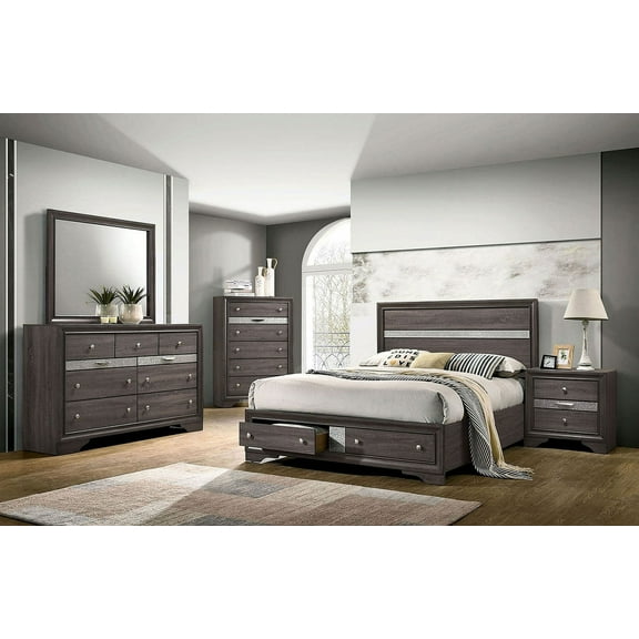Gray Classic Queen Size Bed Panel HB Dresser Nightstand w Jewelry Tray Mirror 4pc Set Solid Wood Bedroom Furniture