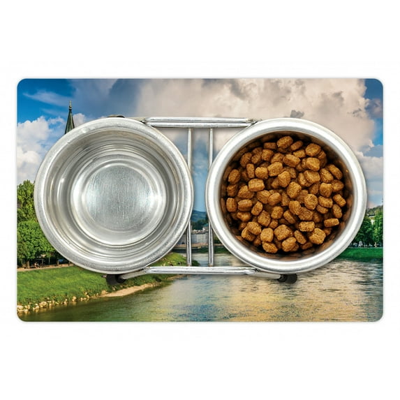 European Pet Mat for Food and Water, Historic Print European of Salzburg Land with Cloudy Sky and River in Austria, Non-Slip Rubber Mat for Dogs and Cats, 18" X 12", by Ambesonne