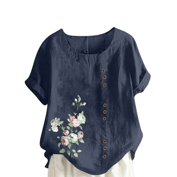 Camisetas de Manga Corta para las Mujeres Impreso Botón de Manga Corta Camiseta Blusa Poliéster, Ropa Casual Mirar Superior para las Mujeres