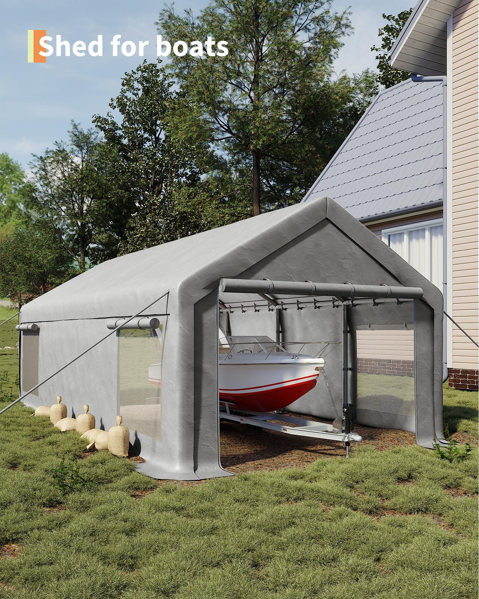 2PCS 10x20 ft Portable Garage Carport, Heavy-Duty 200g PE Tarp with 2 Roll-up Doors & 4 Windows, White Waterproof Shelter for Paint Booth, Boat, Pickup & Event
