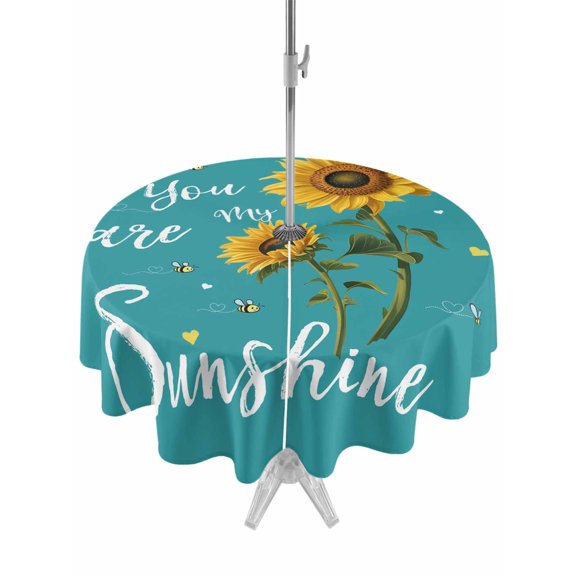 Outdoor Tablecloth with Umbrella Hole and Zipper, Teal Sunshine Sunflower Round Table Cloth 60 Inch Waterproof Tablecloth, Pastoral Bees Farmhouse Floral Picnic Table Cover for Patio Camping