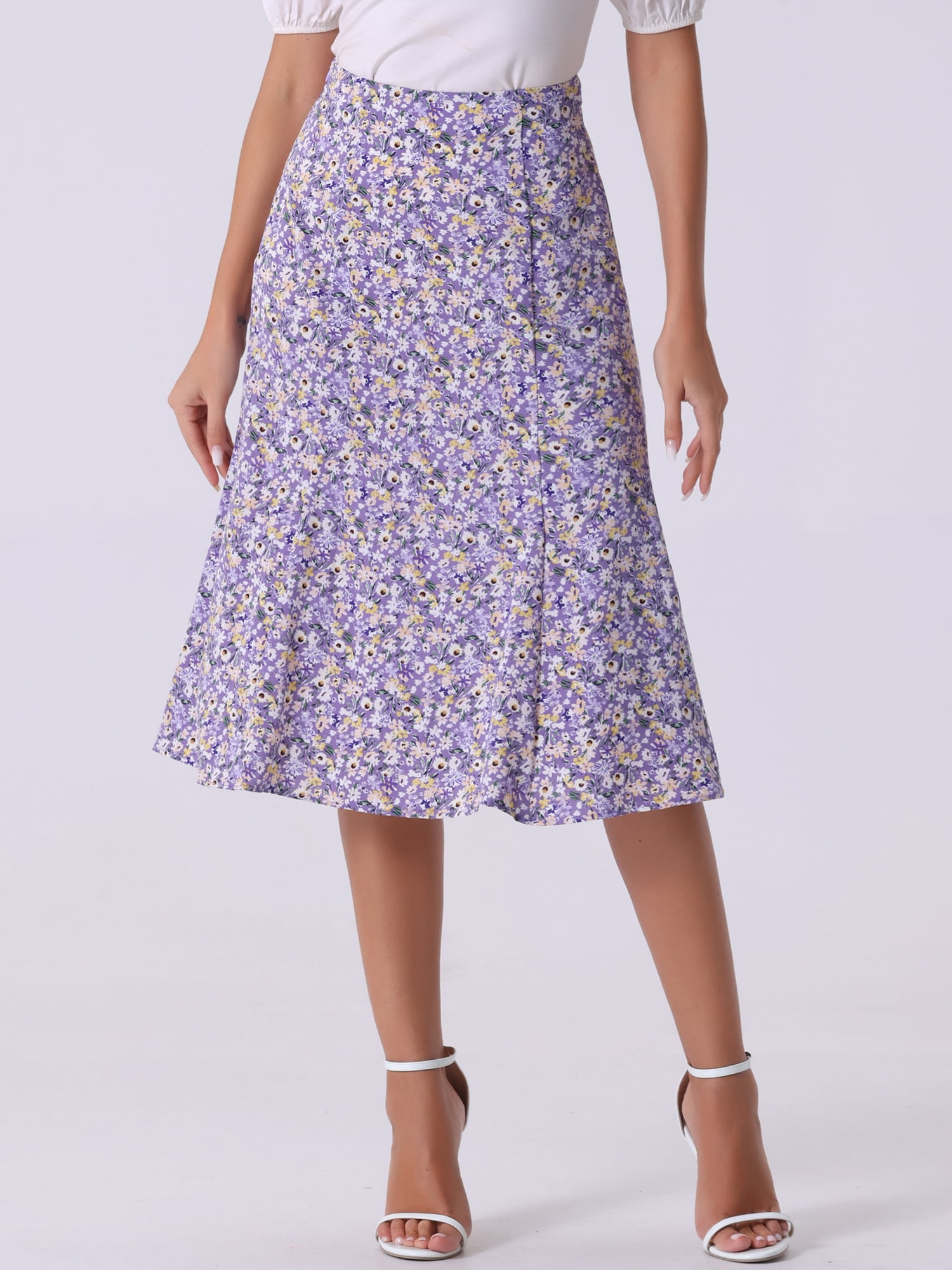 DARING DIVA Women's Elastic Waist A-Line Floral Print Midi Skirt L Purple