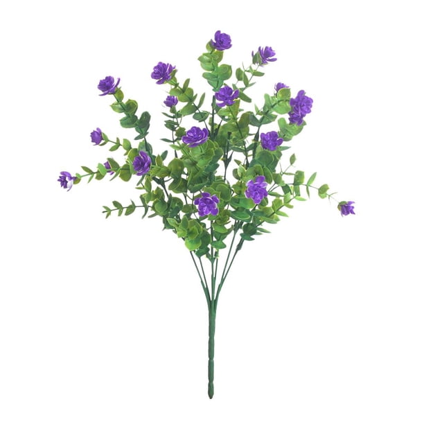 Ramo de flores de rosas artificiales con hojas de eucalitto, plantas de plástico para interiores y exteriores, jardín de bodas, decoración del Púrpura Macarena Rosa de eucalipto artificial