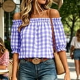 thumbnail image 4 of Setooff Womens Shirts, Gingham Off Shoulder Bubble Sleeve Shirts for Women, Elastic Ruffle Neck Loose Casual Summer Blouse, 4 of 7