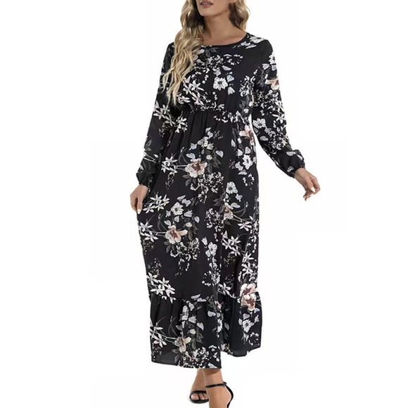 QUYUON Women's Dresses for Wedding Guest Clearance Loose Elegant Printed Round Neck Floral Dress Long Sleeve Wedding Guest Dresses Women Long Sleeve Ankle Length Ball Gown Dress Style D-4983 Black L