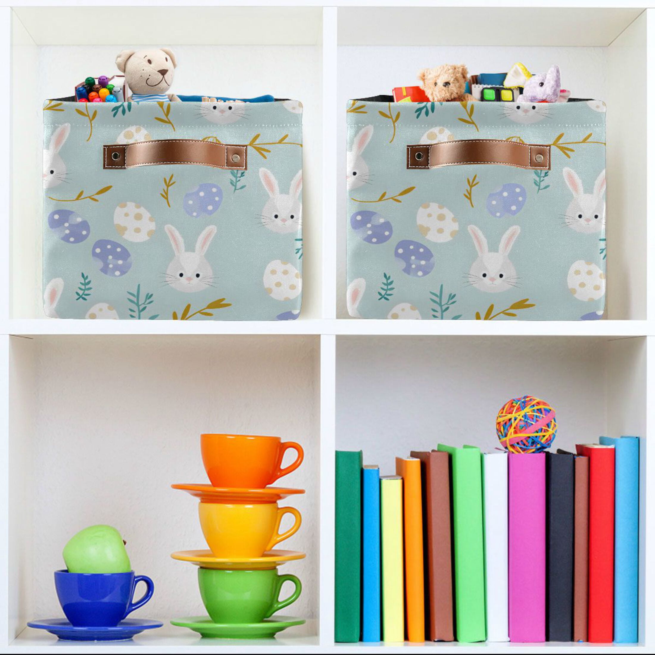 Easter Egg and Bunny Rabbit Storage Bins with Handle Fabric Organizer Basket Foldable Box 2 Pack 14.2x10.2x8.3