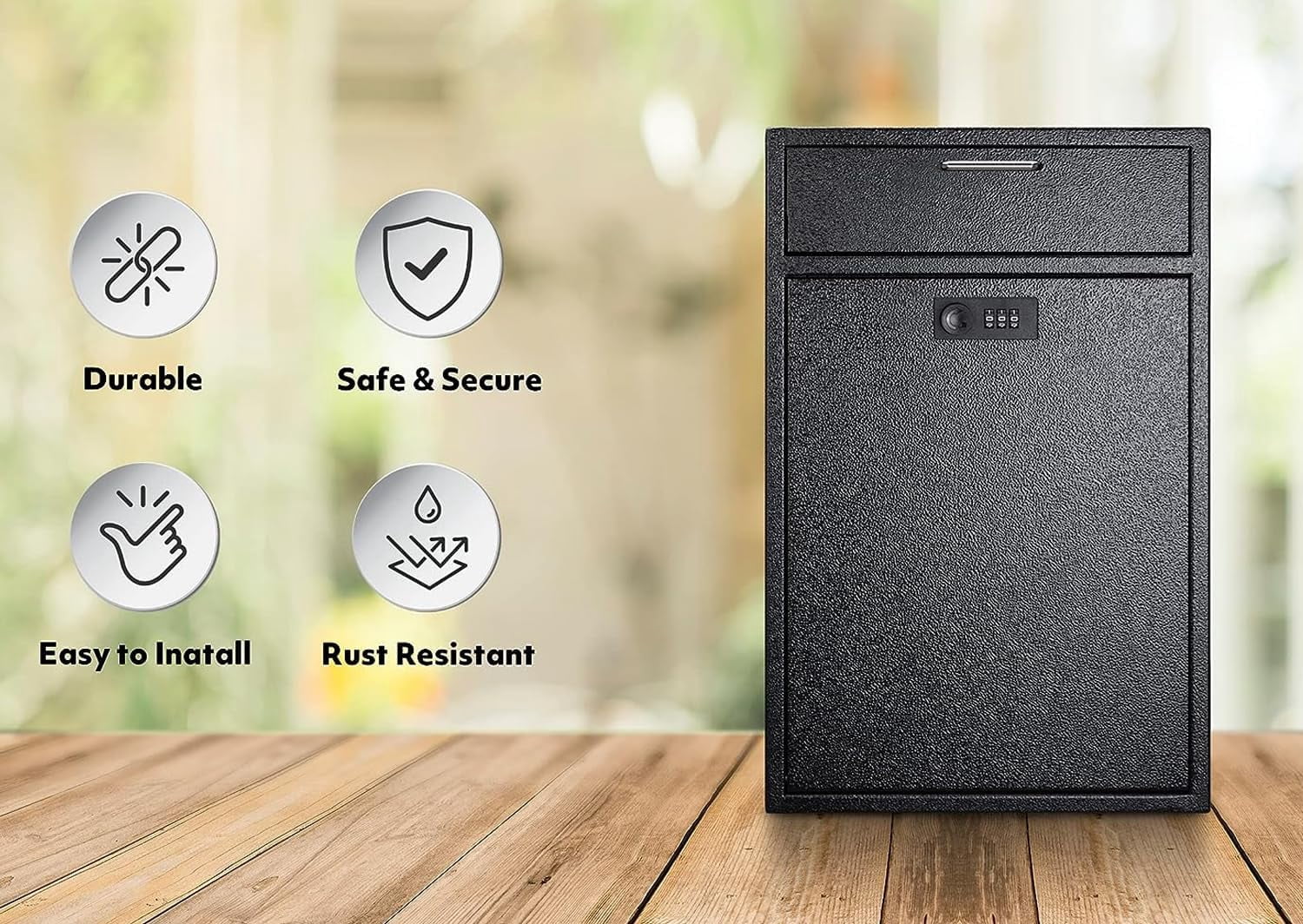 Metateel Wall Mounted Drop Mail Box with Combination Lock, Heavy Duty Steel Extra Large Mailbox, Locking Security Cash Key Drop Box for House Apartments Bussiness After Hour Deposit, Black