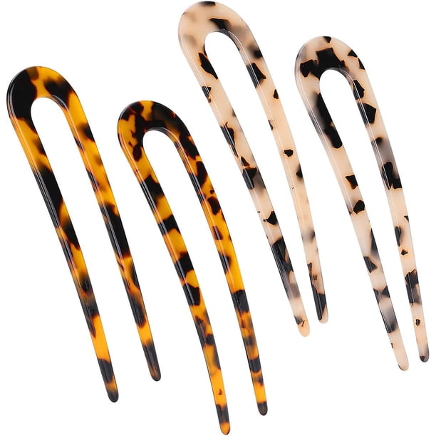 4 piezas Horquillas para el pelo en forma de U Estilo francés Acetato de celulosa Tenedor de caparazón de tortuga Palillos Pasador para mujer