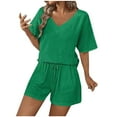 thumbnail image 2 of LLYWEY Vacation Outfits for Women Summer 2 Piece Outfits Sets Solid Color Casual Loose V-Neck Short Sleeve Tops & Drawstring Shorts Sets New-27 Green L, 2 of 6