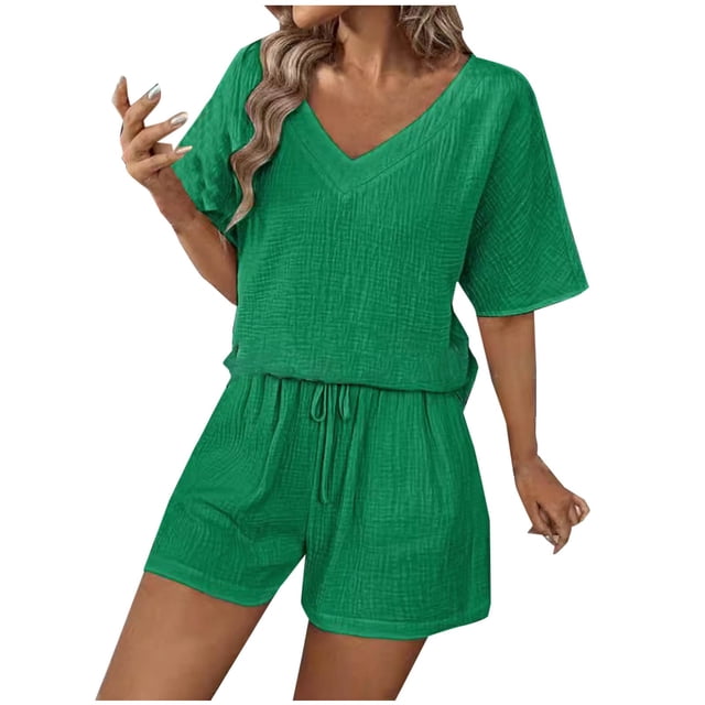 ameIAEA Two Piece Short Set for Women Short Sleeve V Neck Tops Drawstring Shorts Lounge Outfit