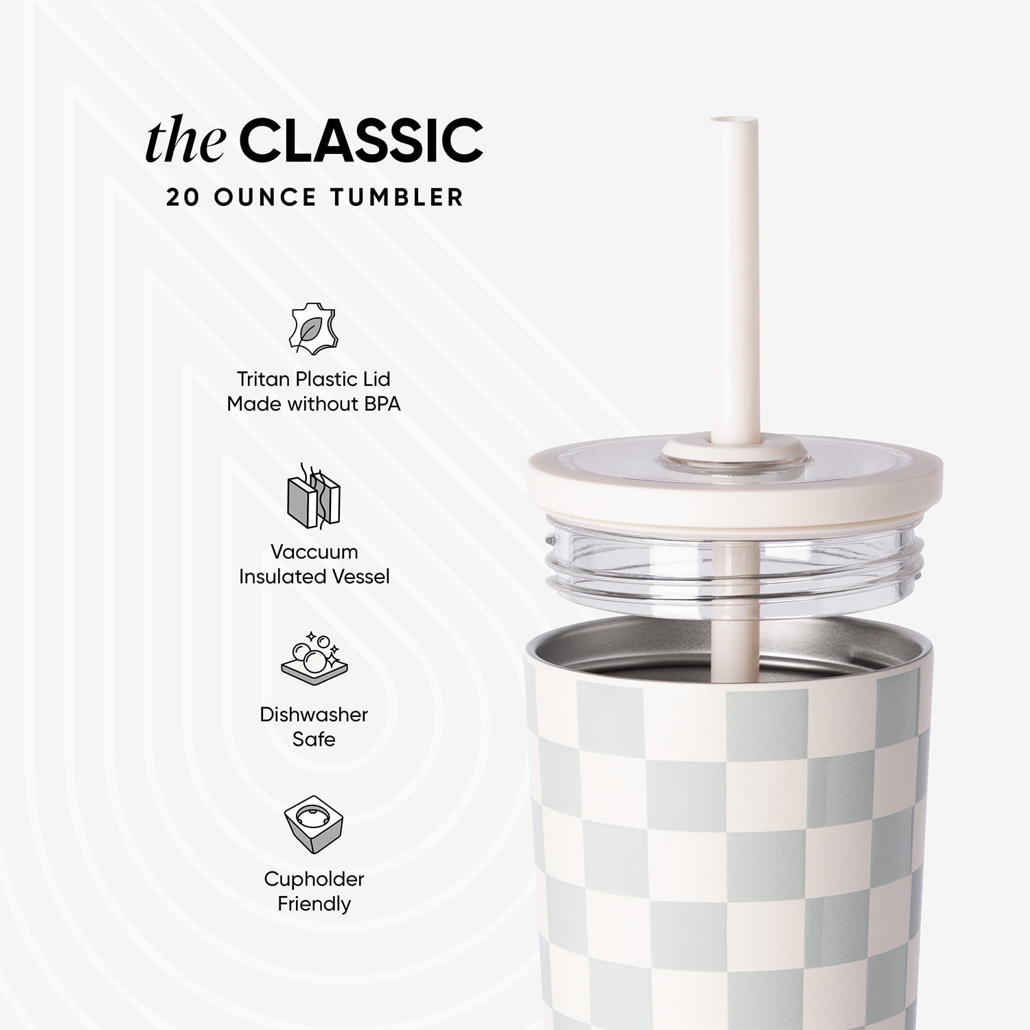 Simple Modern 20 fl oz Insulated Stainless Steel Classic Tumbler with Tritan Straw Lid|Sea Glass Sage and Cream Checkmate