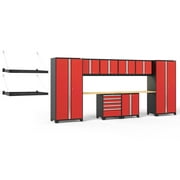 NewAge Products Pro Series Red 12 Piece Cabinet Set, Heavy Duty 18-Gauge Steel Garage Storage System, LED Lights / Wall Mounted Shelf Included