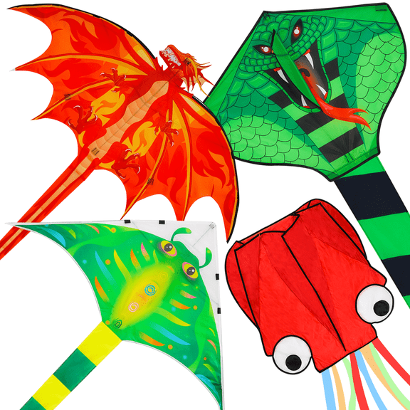 4 Pack Kites - Large Fire Dragon Kite Green Snake Kite Devil Fish Kite Red Mollusc Octopus with Long Colorful Tail for Kids Adults Outdoor Game Activities