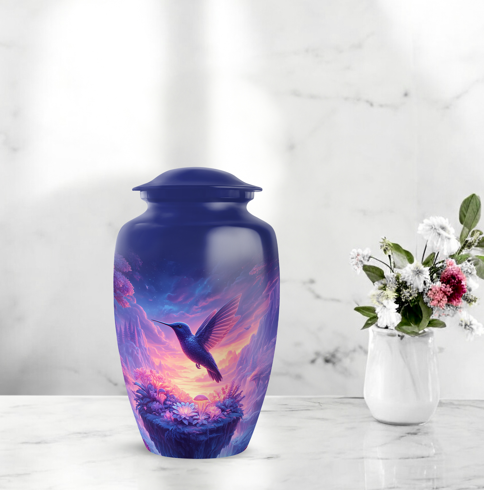 Humming Bird Funeral Urn For Women - 1 Large Purple Cremation Urns For Human Ashes Adult Male - Pink Mini Urns For Human Ashes Set Of 4 - Flowers Funeral Urn For Male, Combo, Blue 10&3 Inch